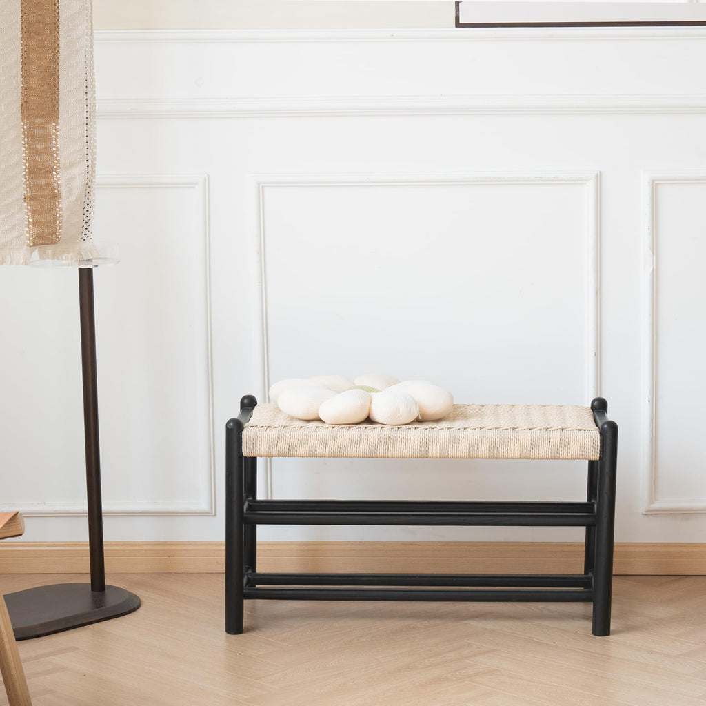 Solid Wood Entryway Bench with Shoe Storage, Rustic Oak Wood and Woven Design 31.5 Inch Long Seating for Living and