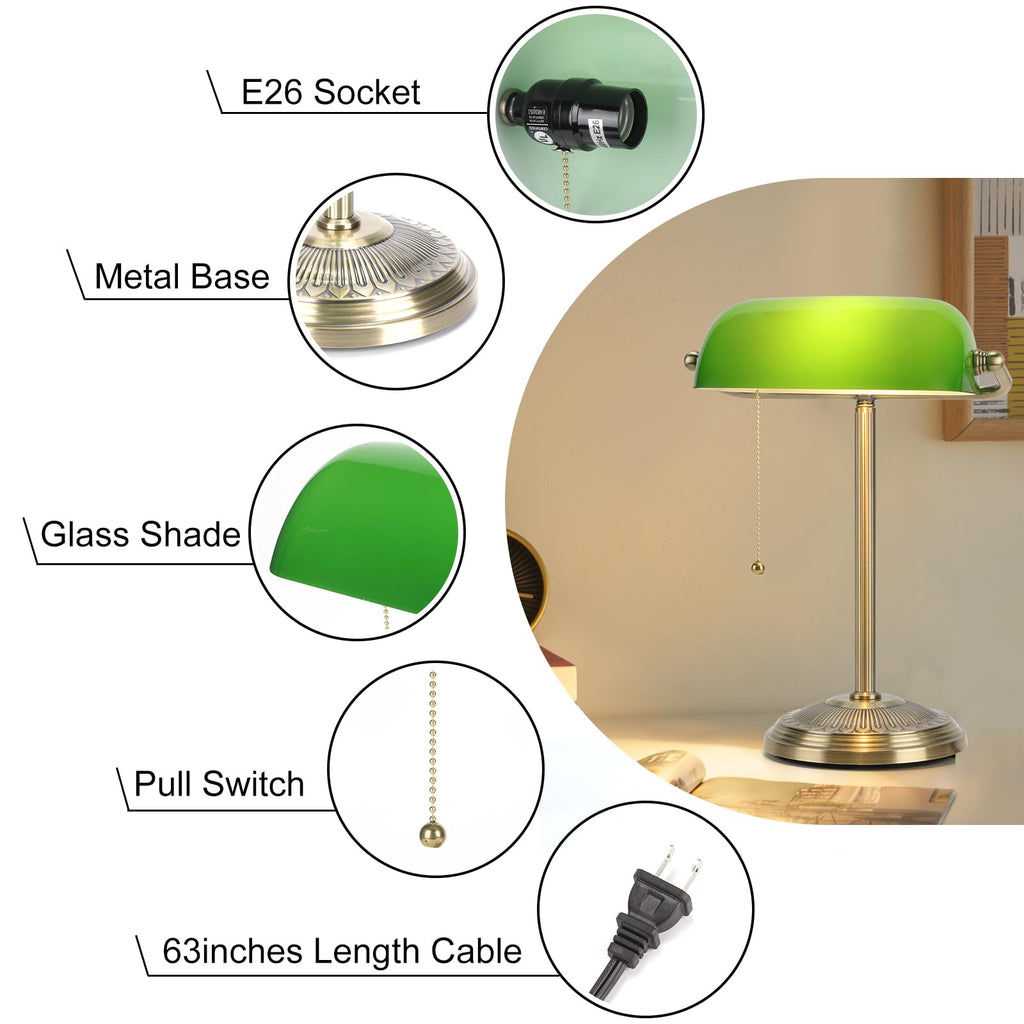 Bankers Lamp, Brass Finish with Pull Switch, Green Glass Shade