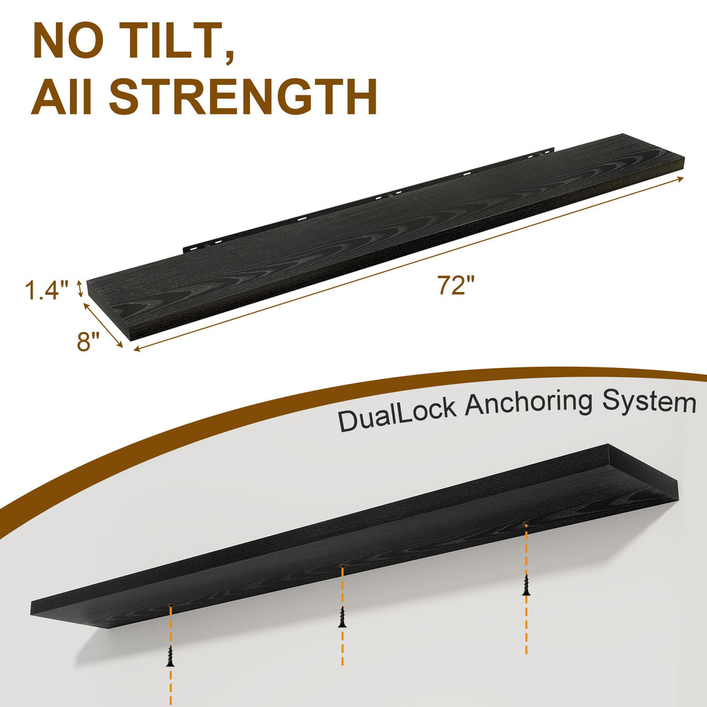 72 Inch Floating Shelves 2 Pack, 8 Inch Deep Floating Shelf Wall Mounted, Large Shelves with Invisible Bracket for