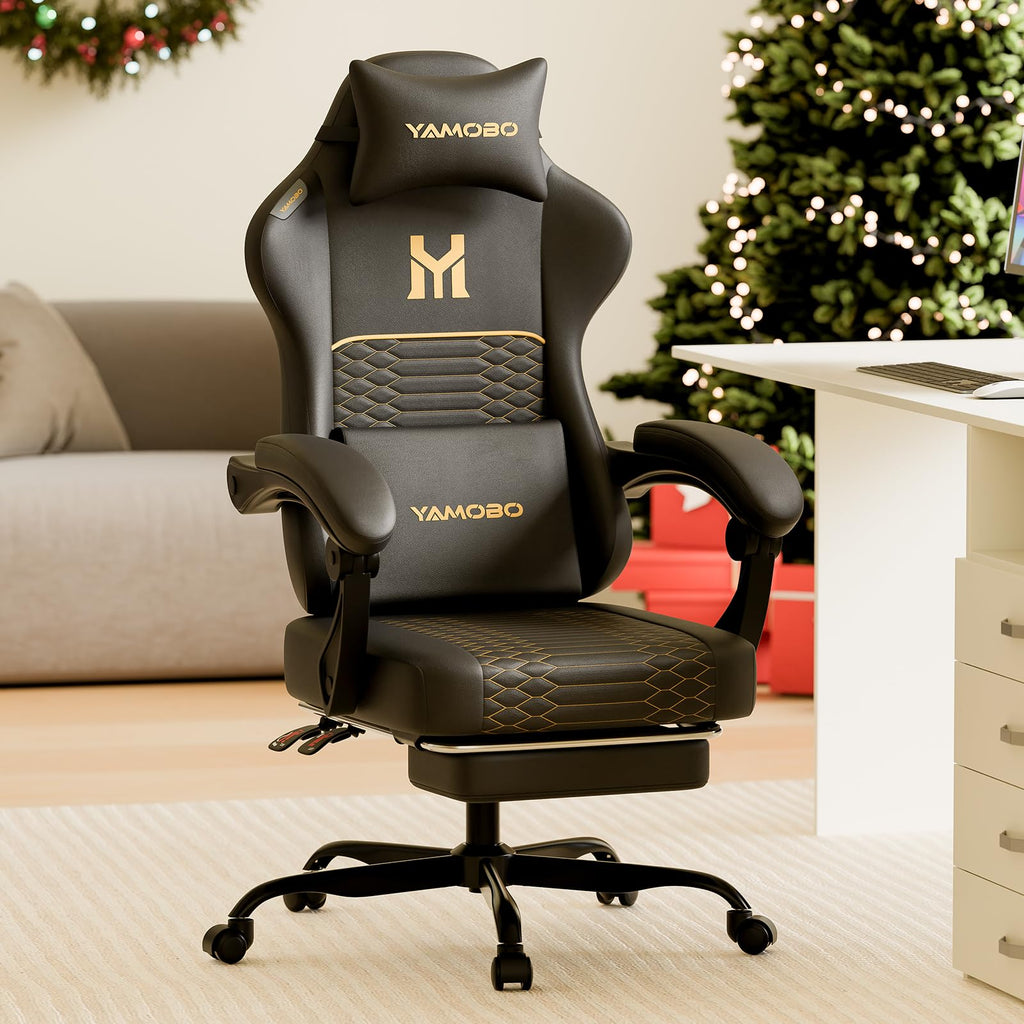 Gaming Chair with Footrest, Ergonomic Video Game Chair with Adjustable Lumbar and Headrest Massage Support, PU Leather