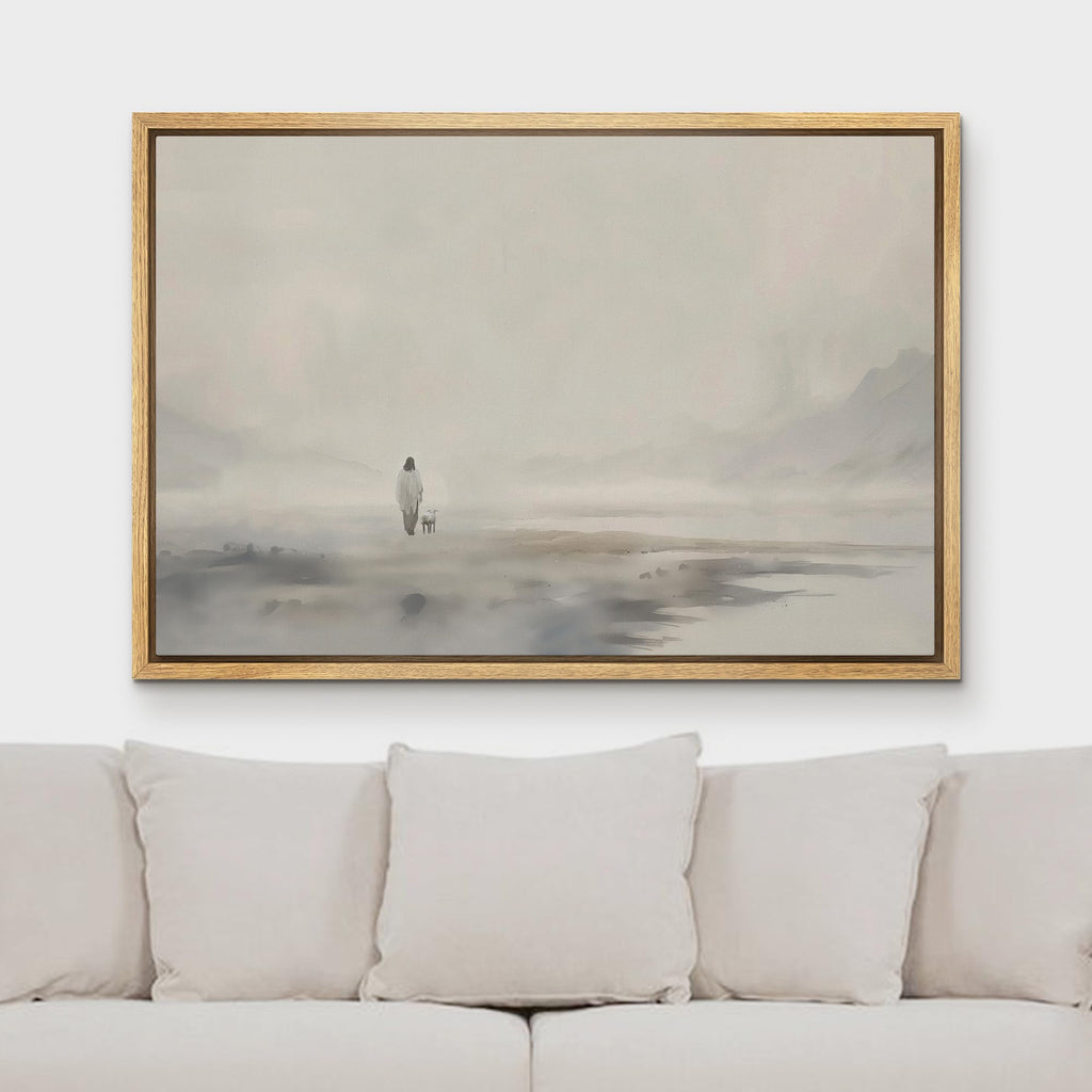 Framed Canvas Print Wall Art Solitary Figure in Mist Ethereal Monochrome Landscape Illustrations Fine Art Decorative