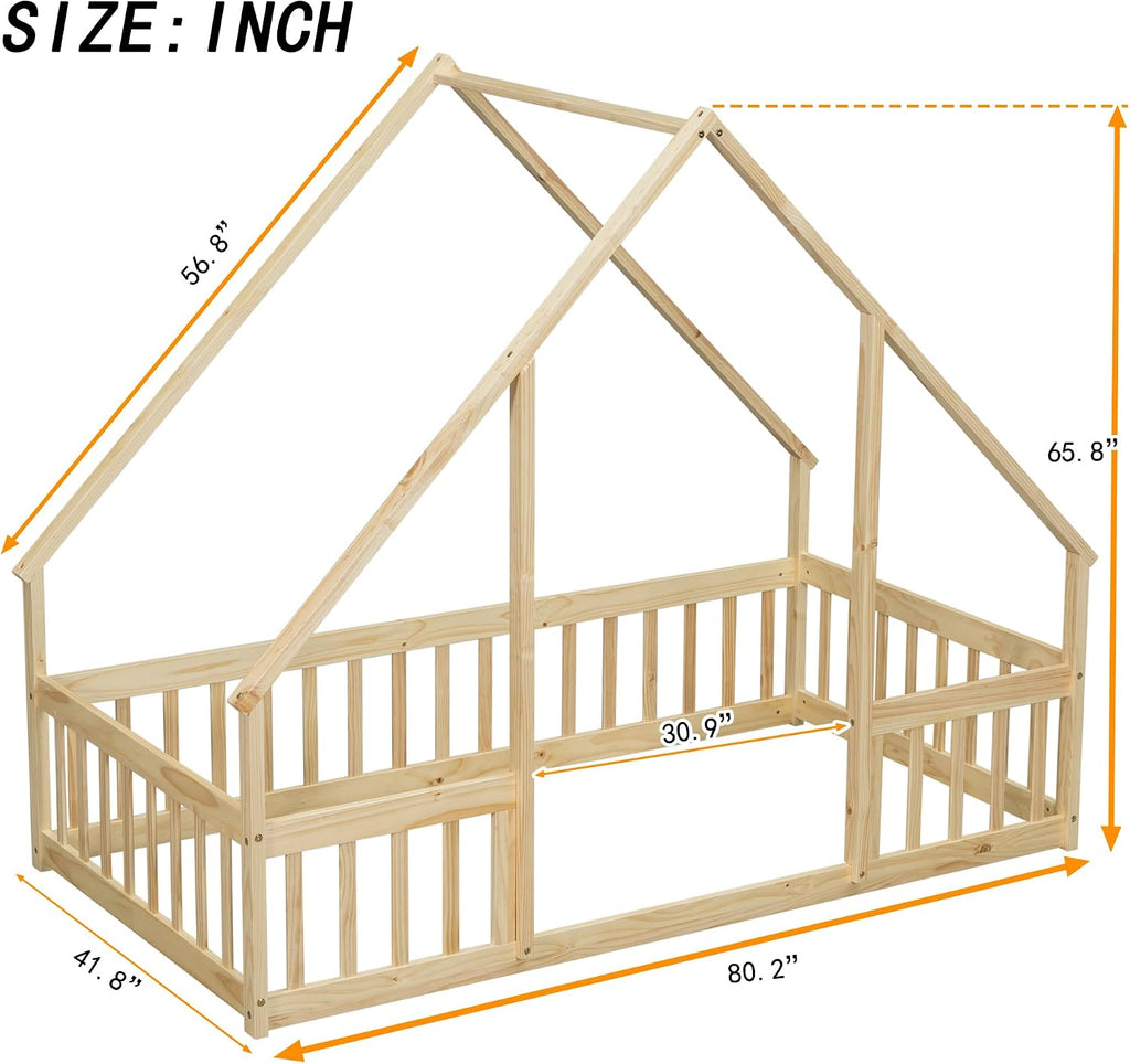 House-Shaped Floor Bed with Safety Guardrails, Natural