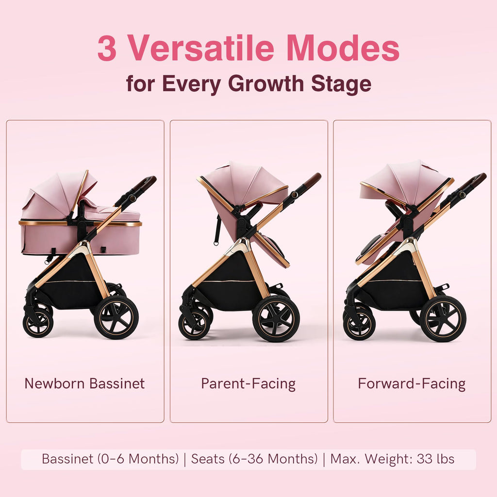 2-in-1 Convertible Baby Stroller, Reversible Fully Reclining Seat, One-Hand Fold, All-Wheel Suspension, Pink