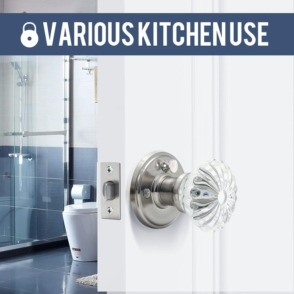 Glass Door Knobs Interior with Lock, Satin Nickel Door Handles, Crystal Door Knobs with Lock(Satin Nickel, Privacy)