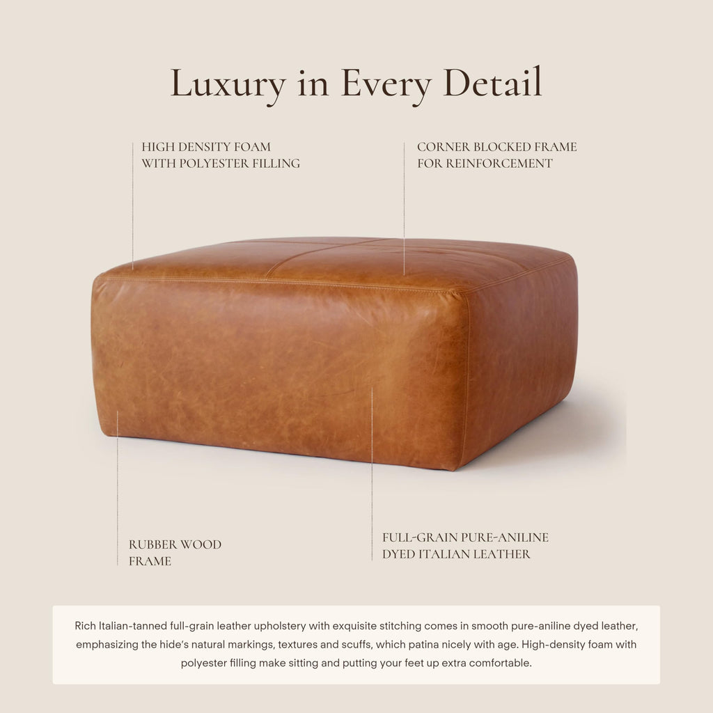 Sequoia Ottoman - 35" Square Pouf with Feather-Down Topper - Full-Grain Leather Upholstered Pouf Ottoman - Vintage