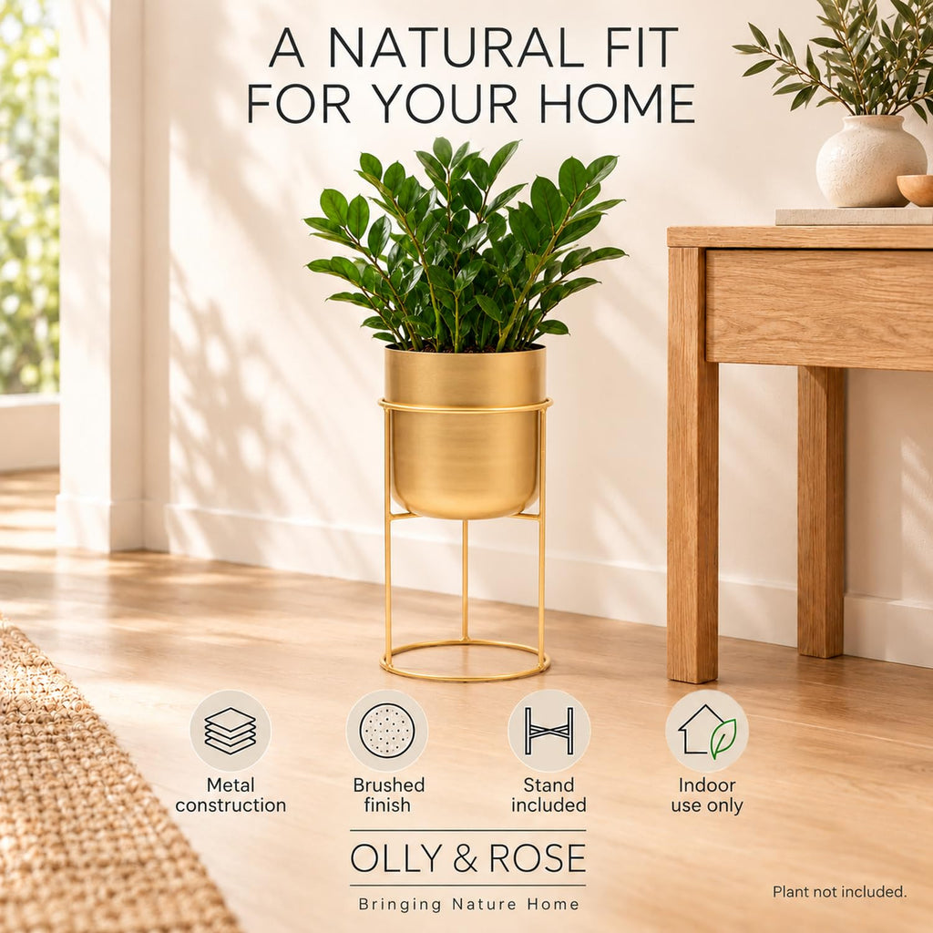 Matt Metal Plant Pot with Gold Plant Stand - Tall 20 Inch Height Large Plant Pot Indoors with Stand - Large