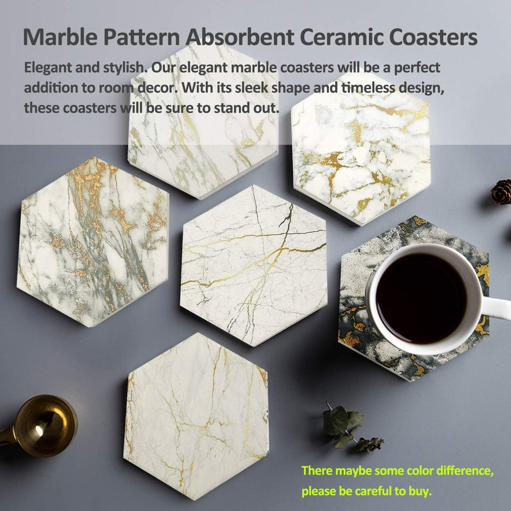 Coasters with Metal Holder Stand, Marble Design Ceramic Coaster Set, Cork Base, Gold Home Decor for Tabletop - Set of 8