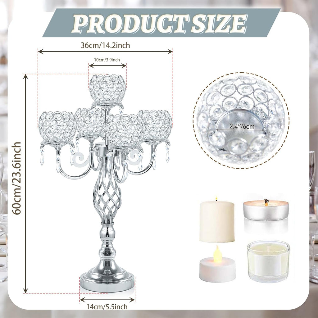 5-Arm Crystal Candelabra Centerpiece 23.2" Tall - Elegant Candle Holder Stand with Crystal Bowl, Chic Table Decor for