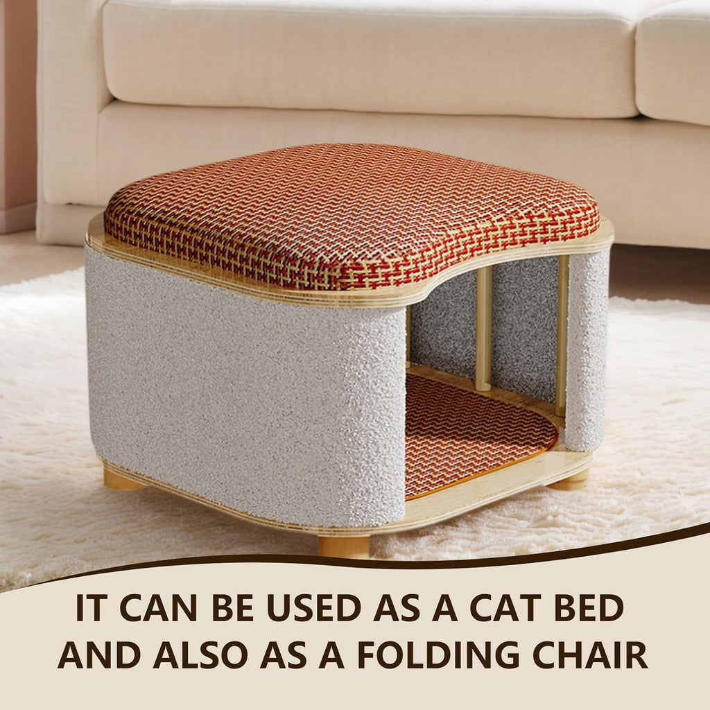 Multi-Functional Wooden Cat Cabinet, Cat Bed with Scratch Pad & Rattan Cushion, Hidden Cat Cave & Ottoman Stool