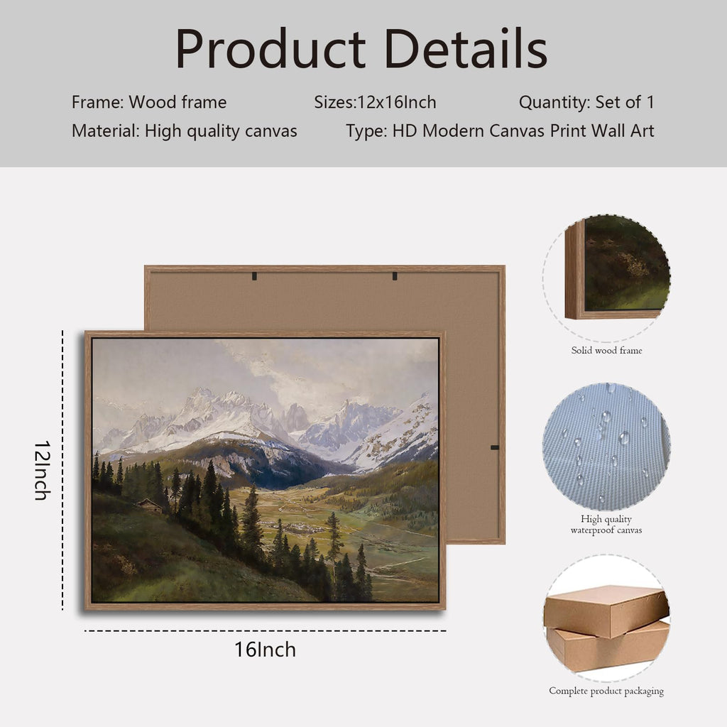 Framed Vintage Mountain Landscape Canvas Wall Art Rustic Farmhouse Pine Tree Picture Print Countryside Cabin Painting