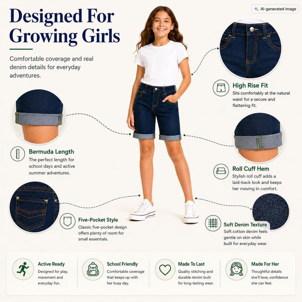 Girls Adjustable Denim Shorts: Stretch Jeans Bermuda