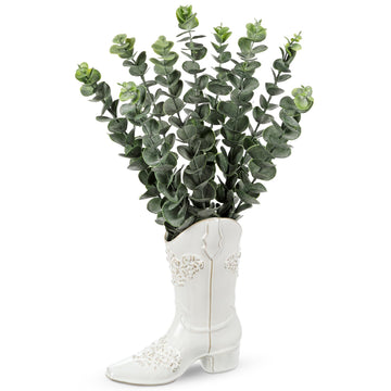 Artificial Eucalyptus Plant in Ceramic Cowboy Boot Vase Faux Greenery Potted Plant for Rustic Farmhouse Decor Western