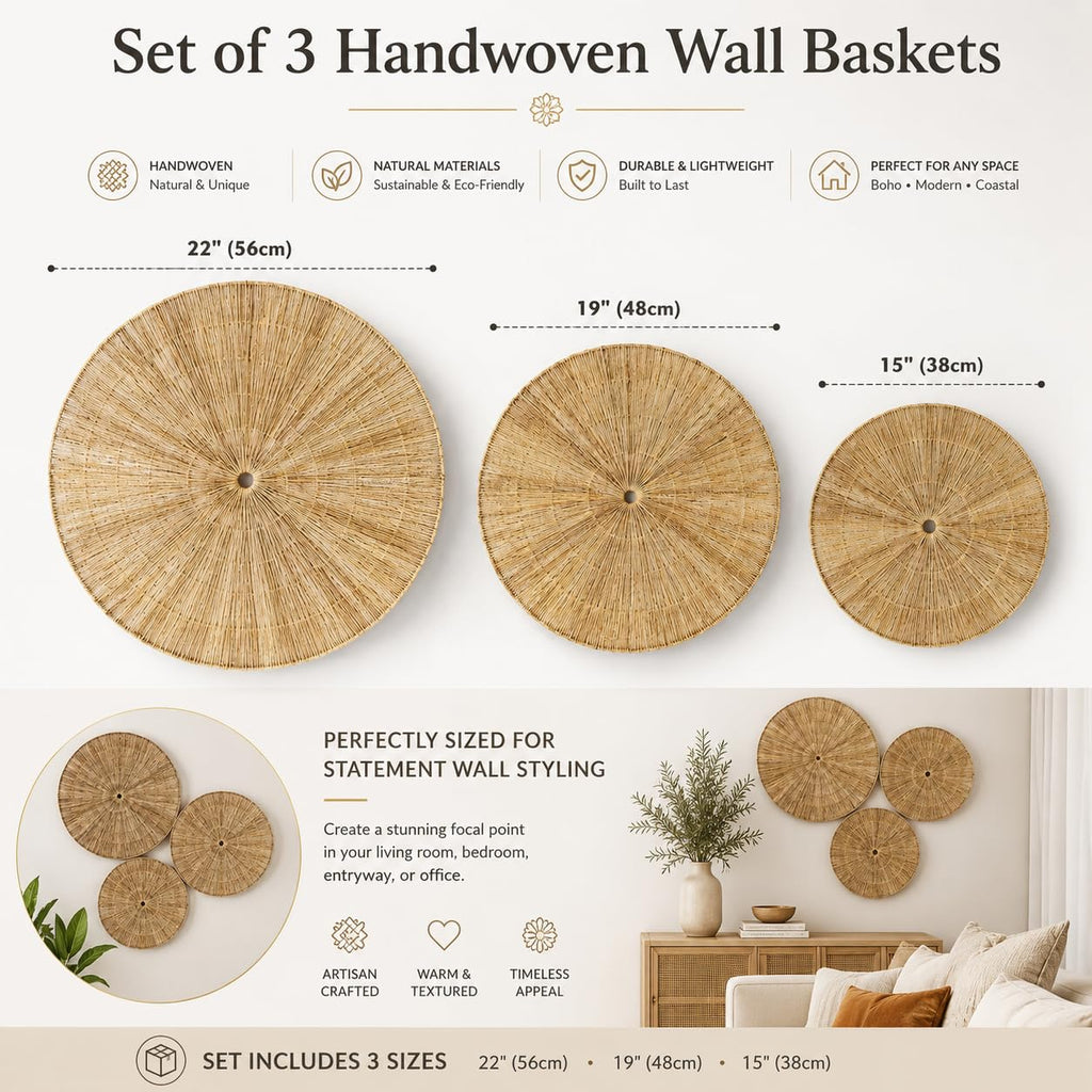 Handwoven Jute Wall Hanging Baskets, Set of 3 Round Woven Wall Decor (22", 19", 15"), Decorative Wall Accents