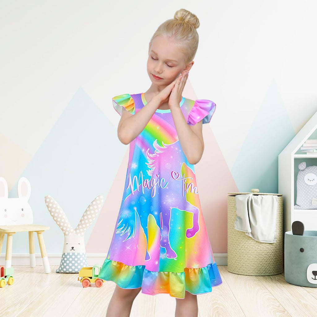 2Pcs Girls Nightgowns Unicorn Sleepwear Night Sleep Dress Pajamas Little Kids Toddler Soft Nightgown