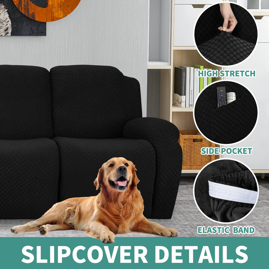 8 Pieces Stretch Recliner Sofa Cover Latest Jacquard Reclining Couch Cover with Side Pocket Anti-Slip Fitted 3