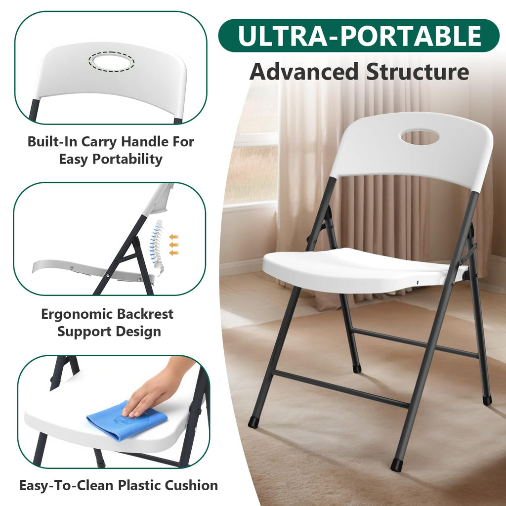 2 Pack White Folding Chair, Plastic Portable Stackable Commercial Seats with Steel Frame 350lb, Heavy Duty Foldable