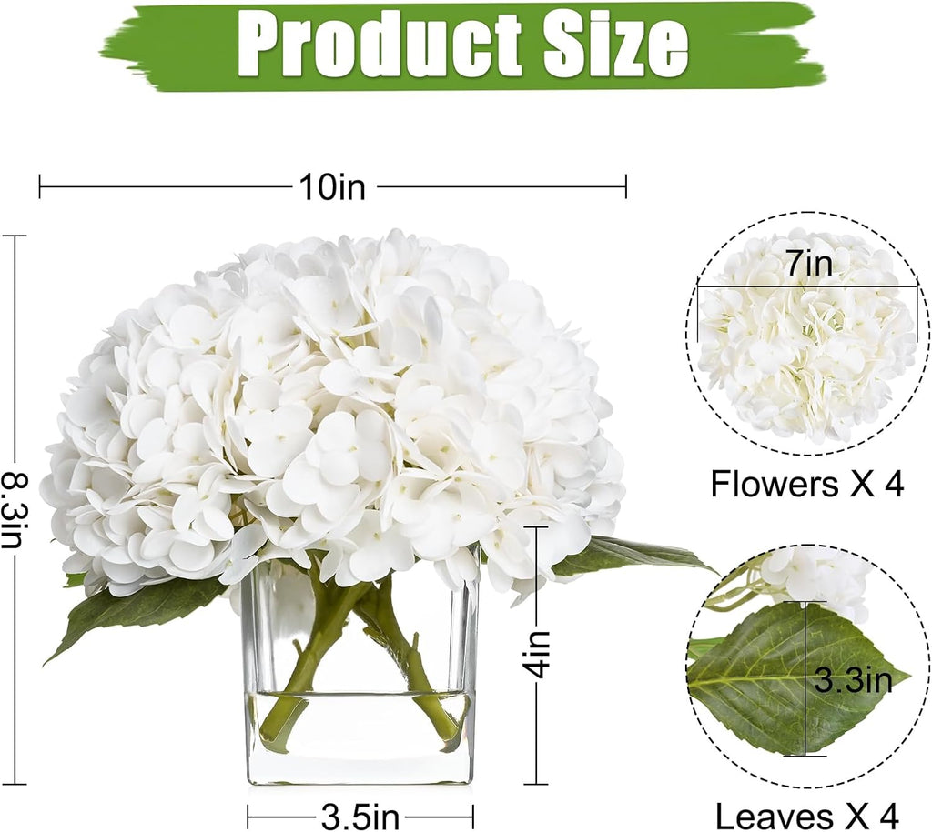Luxury PU Fake Flowers in Vase with Faux Water, White Real Touch Hydrangea Artificial Flowers with Glass Vase Home