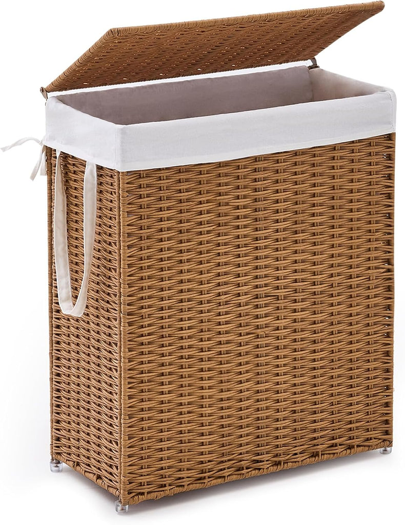 Slim Wicker Laundry Hamper with Lid, 75L Handwoven Rattan Basket with Handles, Narrow Laundry Basket with Removable