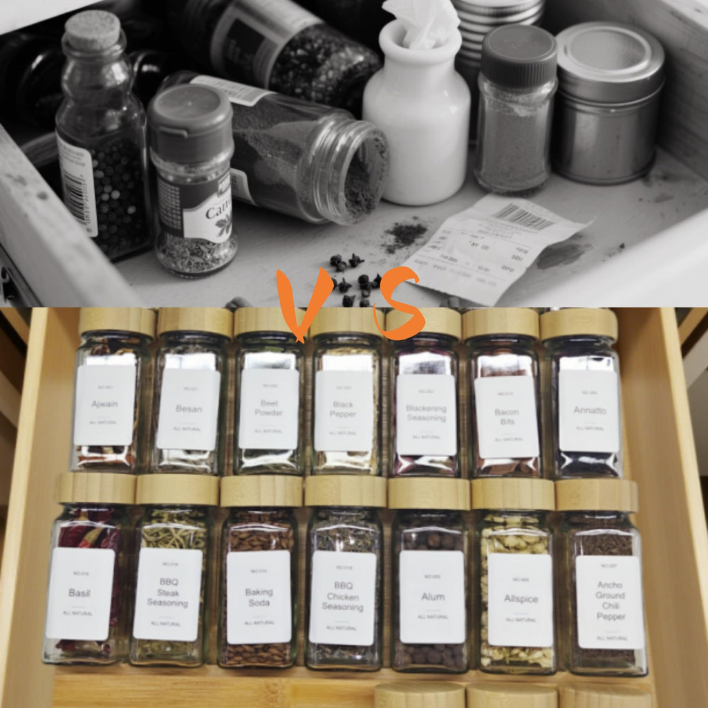 Spice Drawer Organizer with 28 Bamboo-lidded Spice Jars and 216 Labels,Non-slip Rubber, Bamboo 4 Tier Spice Racks