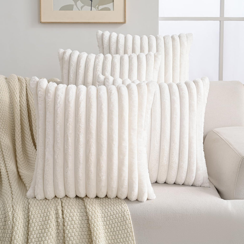 Set of 4 Faux Fur Plush Decorative Throw Pillow Covers 18x18 Inch, Luxury Striped Cushion Cases Soft Fluffy Accent