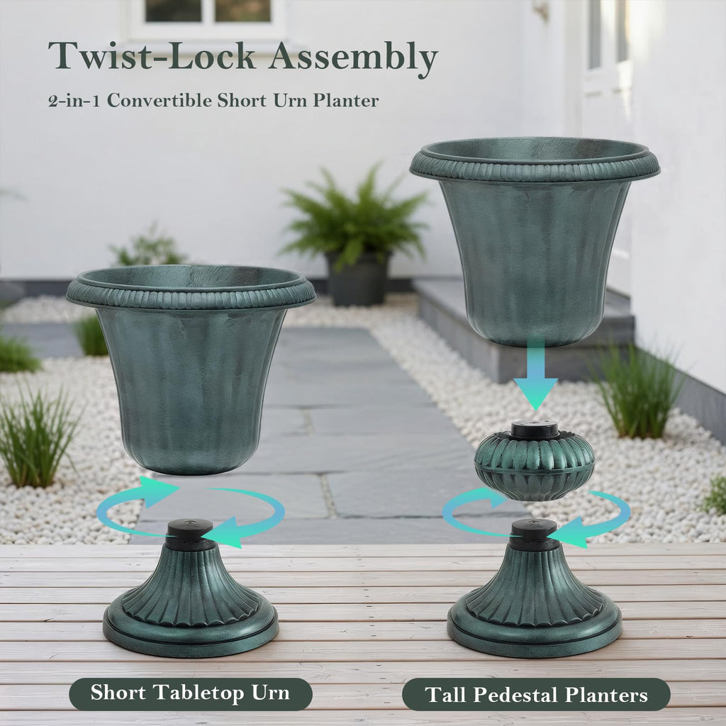 20" Tall Urn Planters for Outdoor Plants, 2 Pack, Green