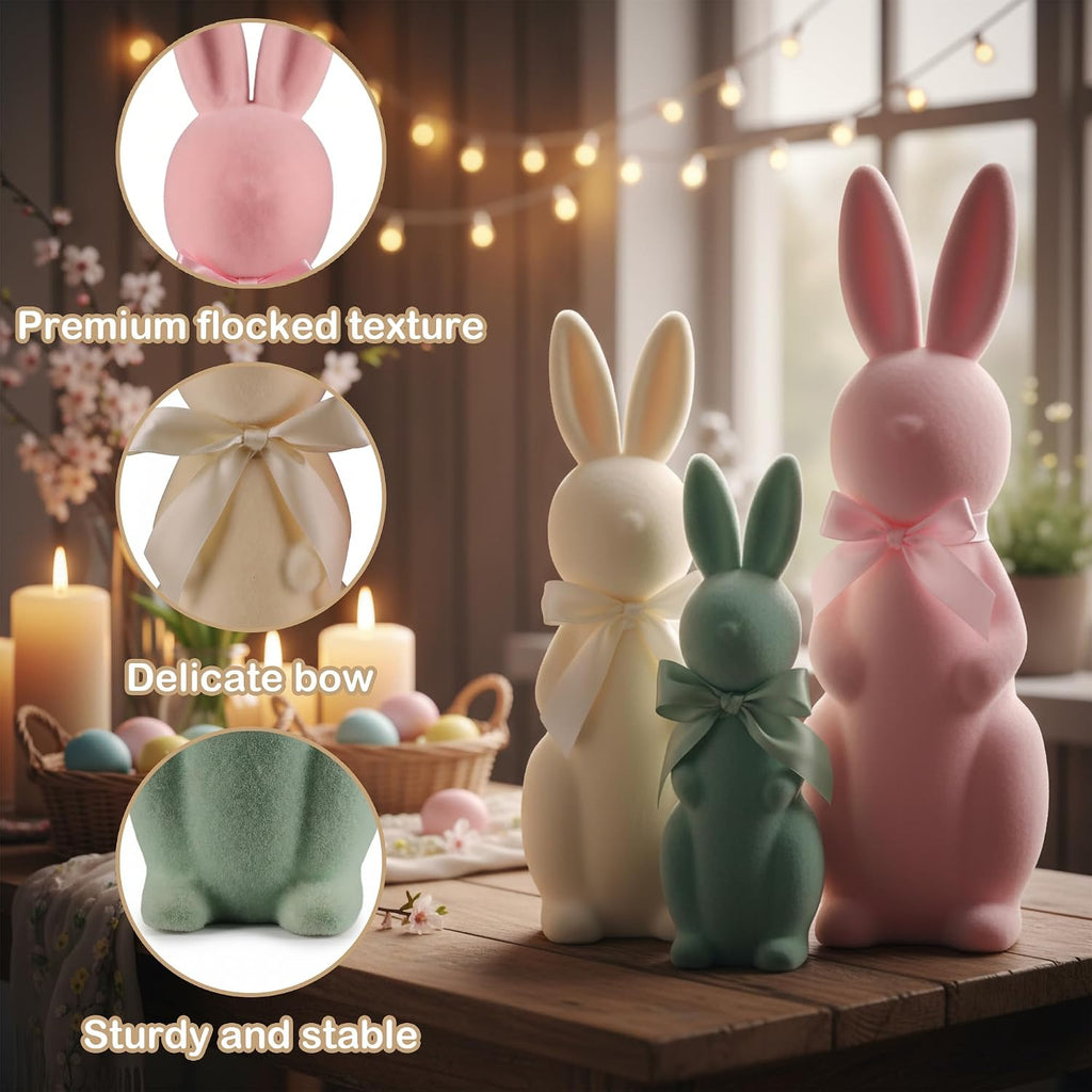 Flocked Bunny Easter Decorations with Bow Ties, Pastel Rabbit Figurines for Easter Centerpieces, Spring Home - Set of 3