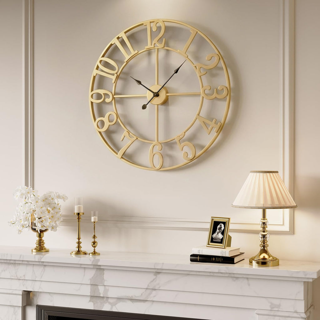 Gold Wall Clock Decor, 24 Inch Large Metal Clock
