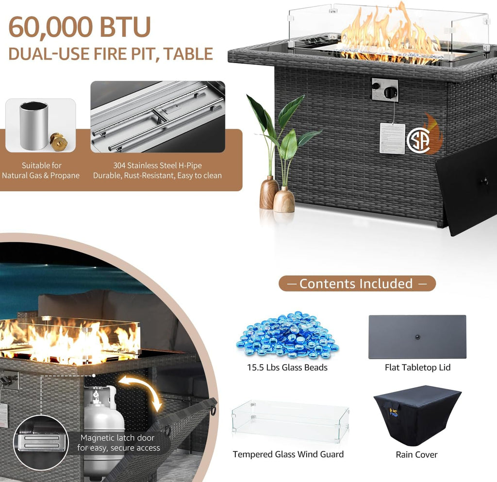 Wicker Propane Fire Pit Table, 60000 BTU Large Natural Gas Firepit Tables, 43'' Rectangle CSA Fireplaces for Deck