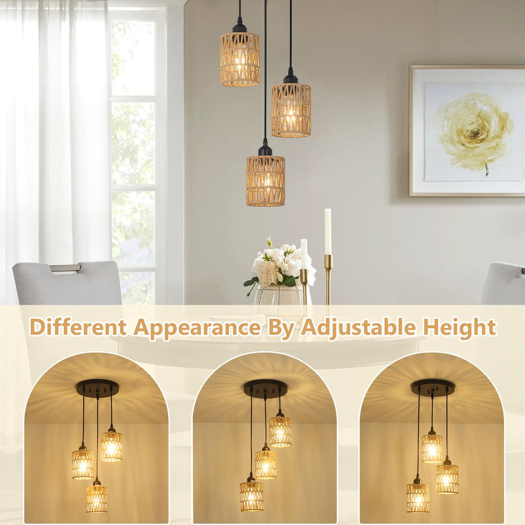 3 Lights Rattan Pendant Light, Farmhouse Dining Room Light Fixtures Ceiling Hanging, Boho Pendant Lighting with Hand