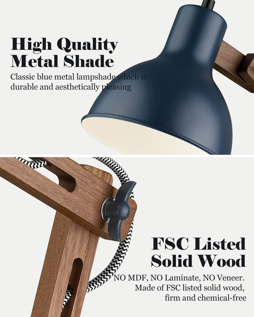 Sapele Wood Desk Lamp with Upgraded Wireless Charger, Swing Arm Table Lamp with USB C Charging Port, Reading Task