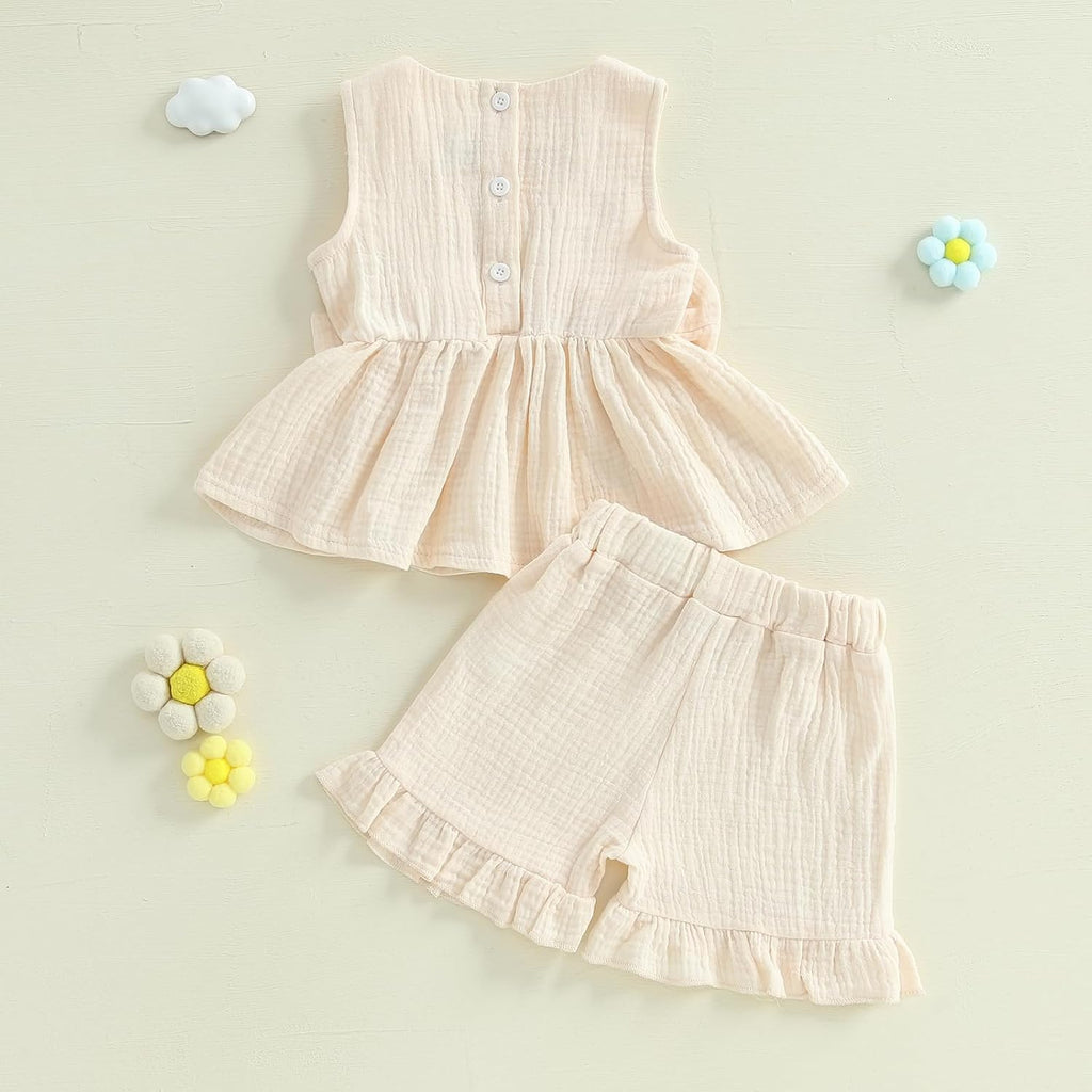 Toddler Girl Summer Outfits Solid Linen Outfit Two Bows Front Ruffle Tank Tops Shirts Shorts Cute Baby Girl Clothes