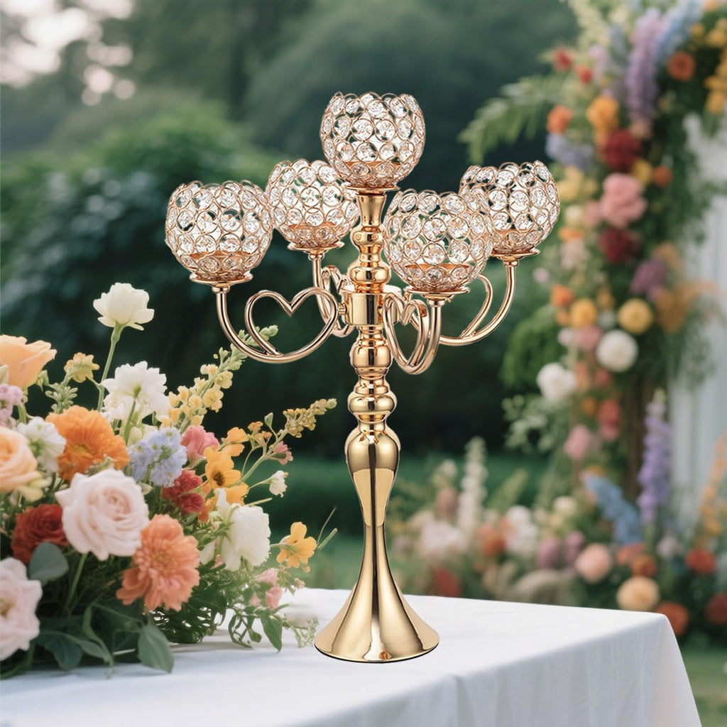 12 Sets Gold 5 Arms Candelabra Centerpiece,Metal Crystal Candlestick Holders Chandelier Crystal Beaded Candle Holder