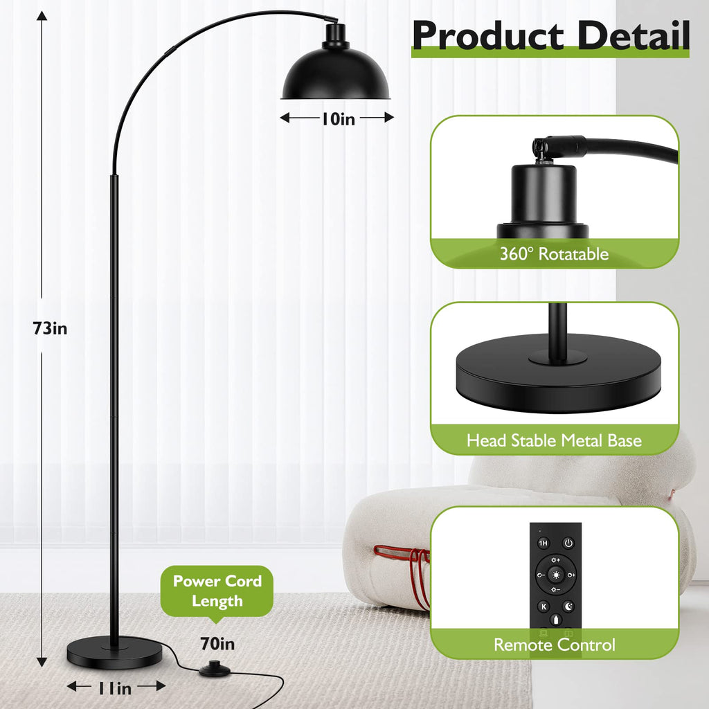 Arc Floor Lamps, Modern Tall Standing Lamp Remote Control, Stepless Dimmable Black Floor Lamp with Hanging Dome