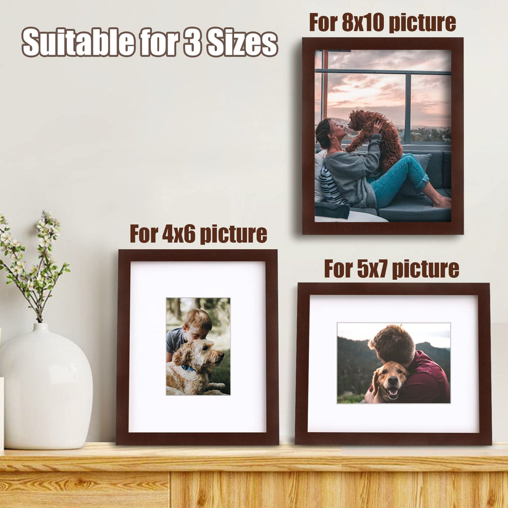 8x10 Picture Frames Made of Solid Wood with Plexiglass, Display Pictures 4x6/5x7 with Mat or 8x10 Without Mat Set of