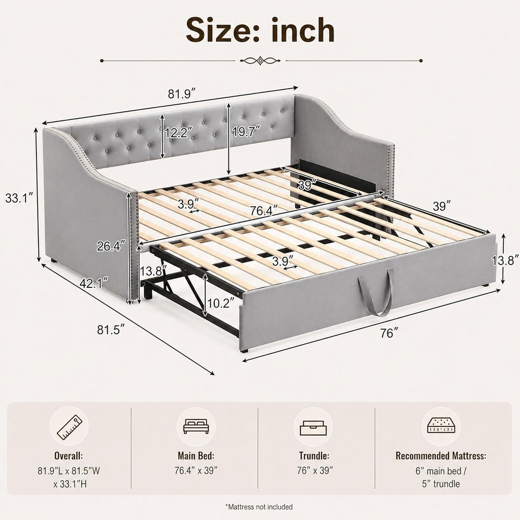 Twin Daybed with Pop Up Trundle, Twin to King Convertible Daybed Frame, Upholstered Daybed with Trundle, Pull Out
