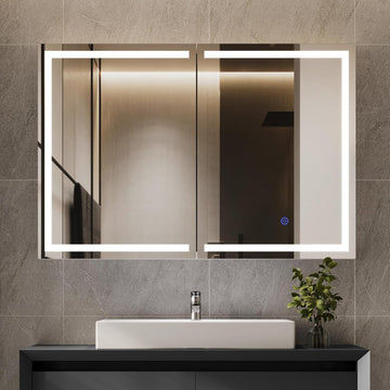 Lighted Medicine Cabinet with Mirror, Wall Mounted Bathroom Mirror with Storage, 2 Doors Bathroom Wall Cabinet with