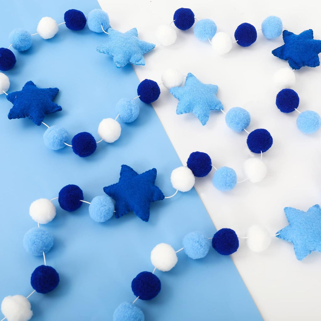 Hanukkah Felt Banner Hexagram Star Felt Garland Blue White Chanukah Pompom Party Decorative Hanging Bunting Banner - Set of 82