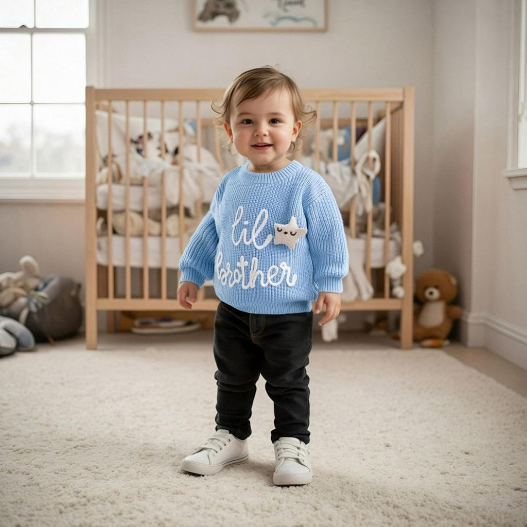 Newborn Baby Boy Knit Sweater Outfit Little Lil Brother Long Sleeve Letter Embroidery Top Sweatshirt Infant Fall