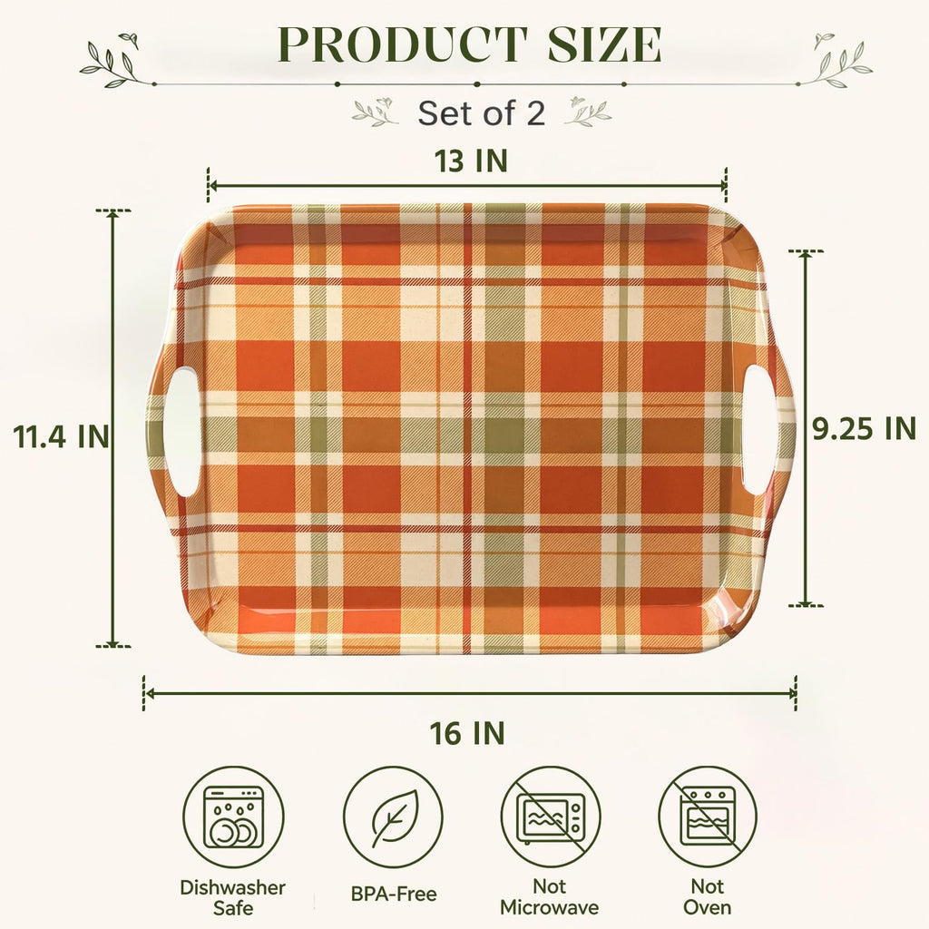 Serving Trays with Handles, Set of 2, 16 x 11.4 Inch Bamboo Fiber Rectangular Food Trays, Fall Plaid, Dishwasher Safe