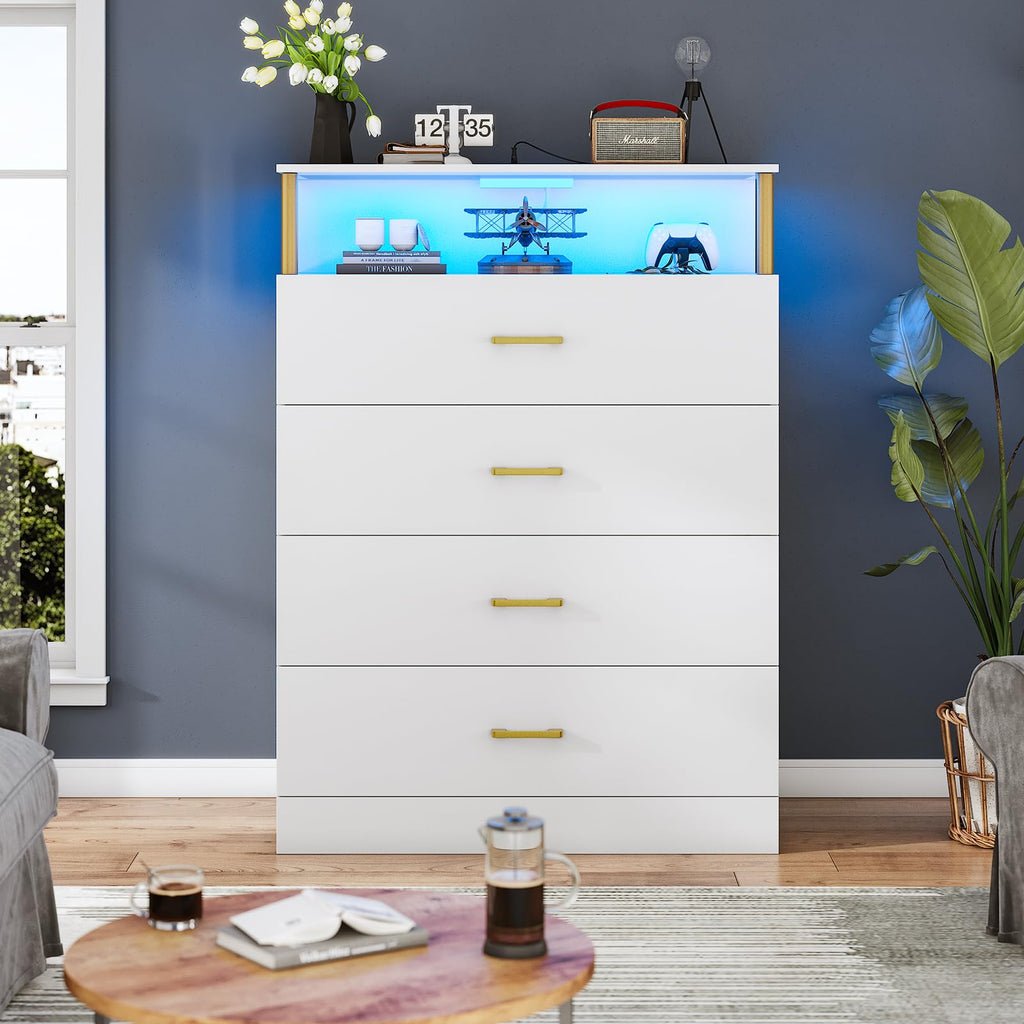 White with Column Design, 4 Drawer with Charging Station, Modern Bedroom Led Tall Closet
