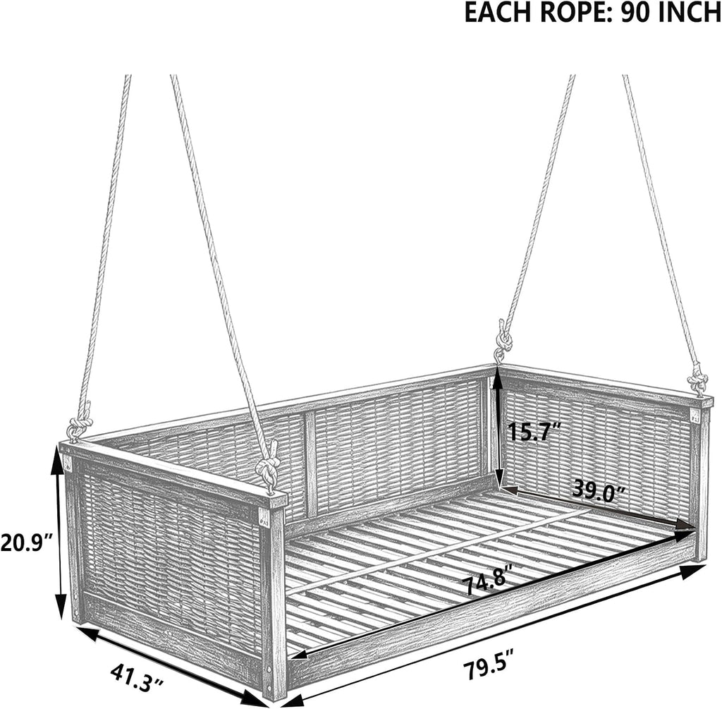 Twin Size Porch Swing Bed, Acacia Wood Outdoor Hanging Daybed with Hemp Rope, Rattan Swing Bench , Backyard, Garden