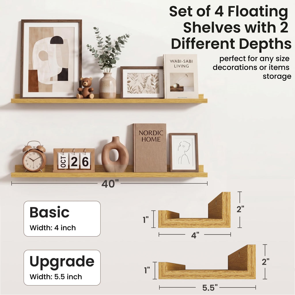 40 Inch Floating Shelves, Oak Picture Ledge Shelf Set of 4
