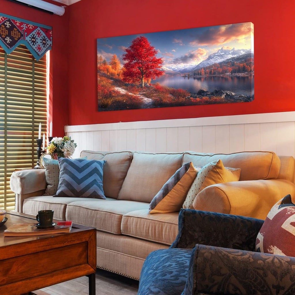 Beautiful Mountain Landscape Wall Art Office Nature Riverside Scenery Red Tree Painting Prints Autumn Scenic Canvas