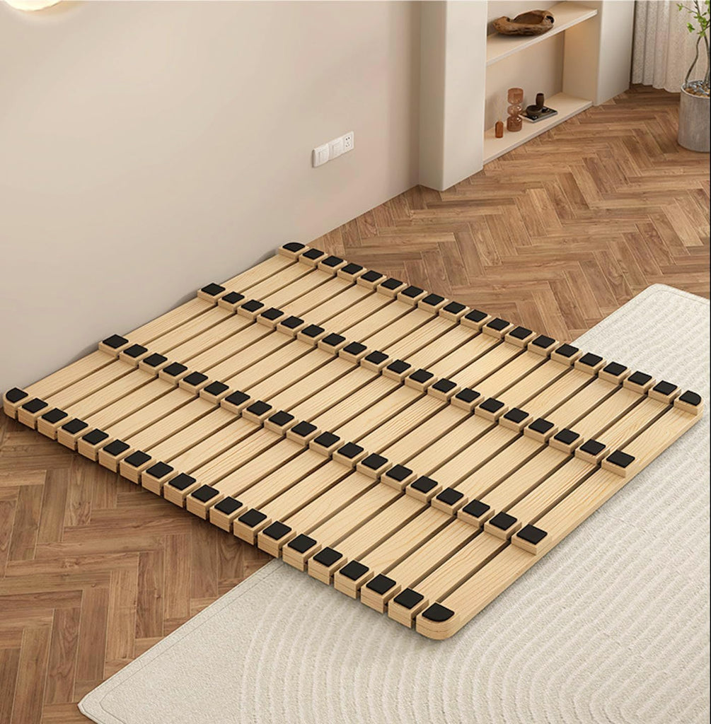 Solid Wood Slatted Bed Frame, Japanese Floor Platform, Natural Wood, 78.7 x 78.7 Inch, Foldable Roll-Up Design