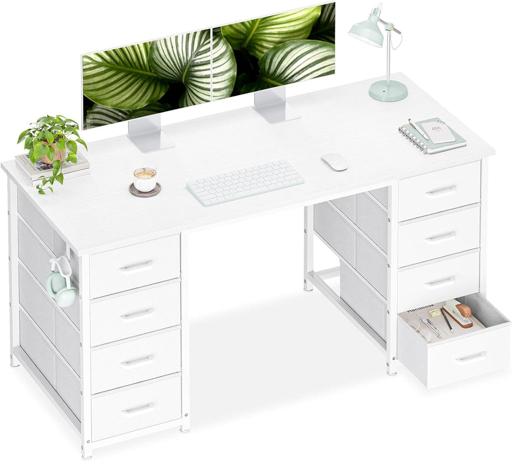 48 Inches Computer Desk with 8 Fabric Drawers, Modern Office Desk with Large Storage, Study, White
