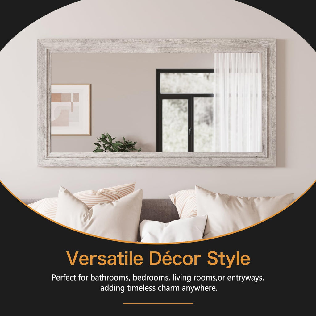 Rustic Wall-Mounted Vanity Mirror, Solid Wood Frame Bathroom Mirror, Farmhouse Style, Horizontal/Vertical Hanging