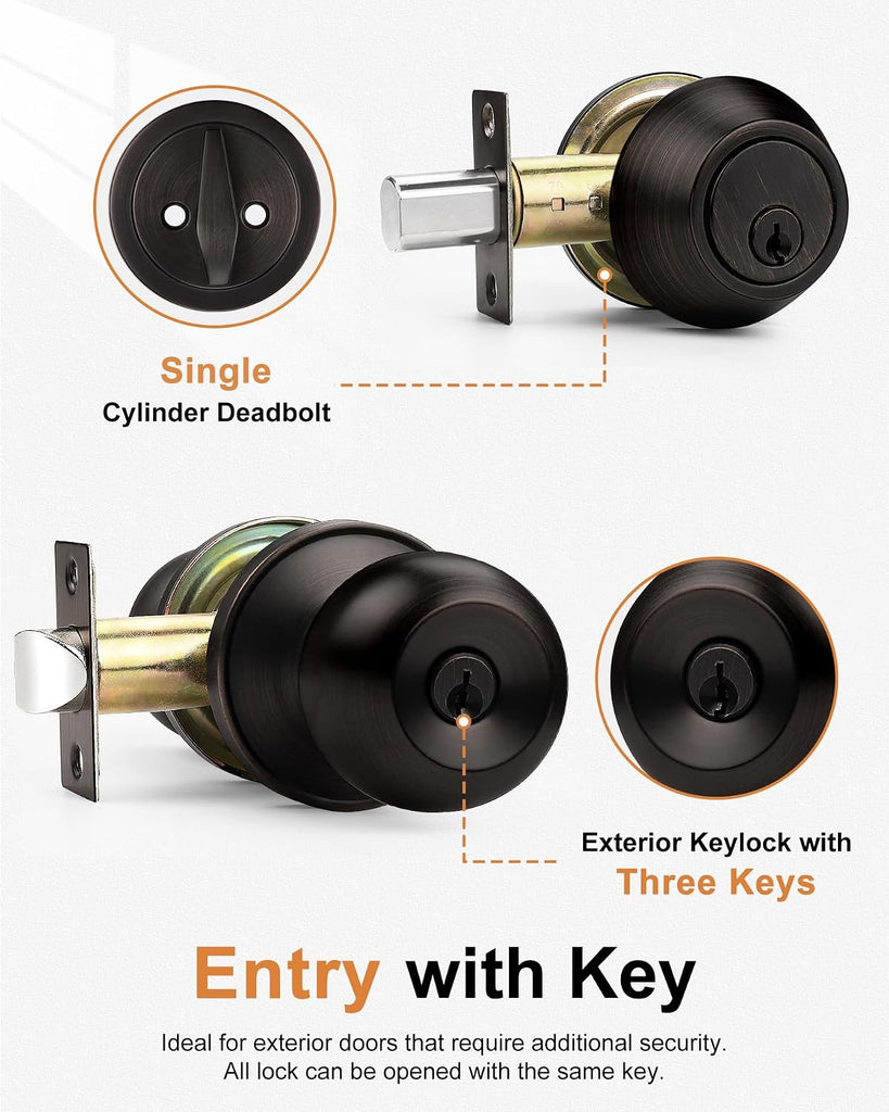 Keyed Alike Entry Knobs and Single Cylinder Deadbolt Lockset, Front Door Lock Set Exterior Door Knob with Deadbolt