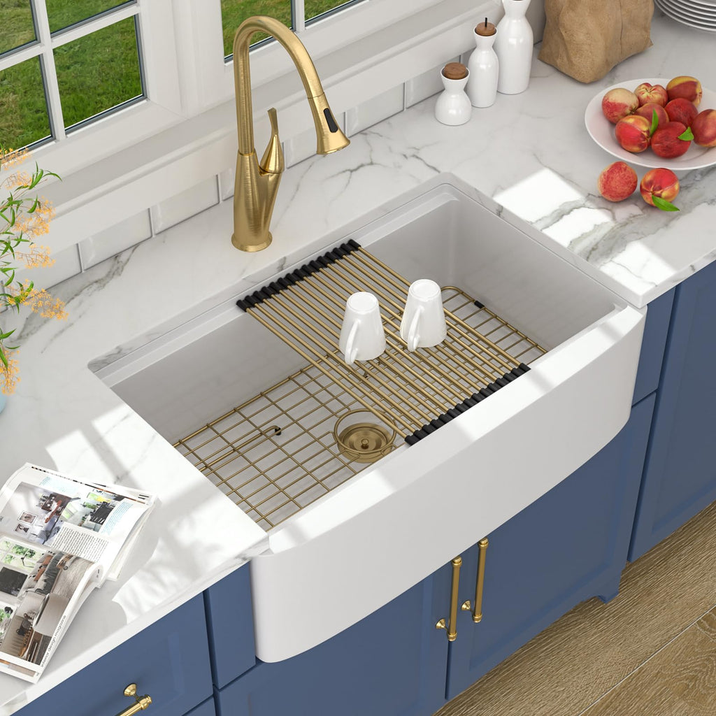 Farmhouse Sink 33 Inch White Kitchen Sinks Workstation Curved Apron Fireclay Porcelain Ceramic Single Bowl Farmer