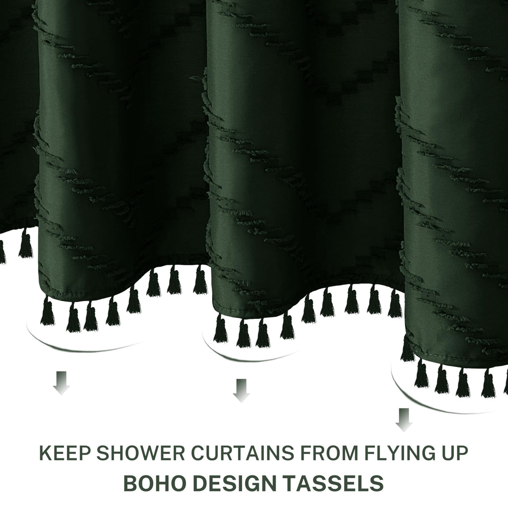 Dark Green Boho Shower Curtain with Tassel Woven Fabric Shower Curtain 72 x 72 Modern Farmhouse Textured Tufted
