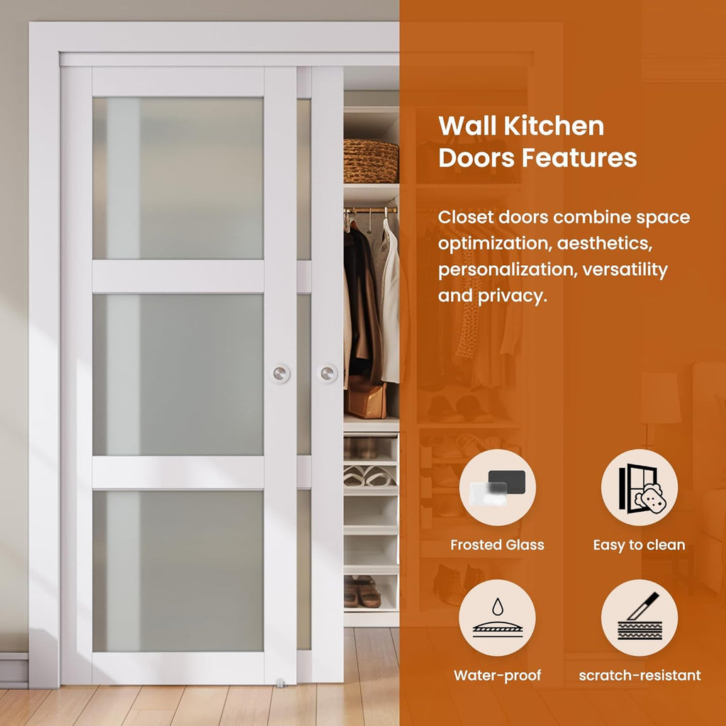 Sliding Closet Door, 72"×80"(Double Barn Doors 37"), Double Frosted 3 Panel Glass Sliding Door with 